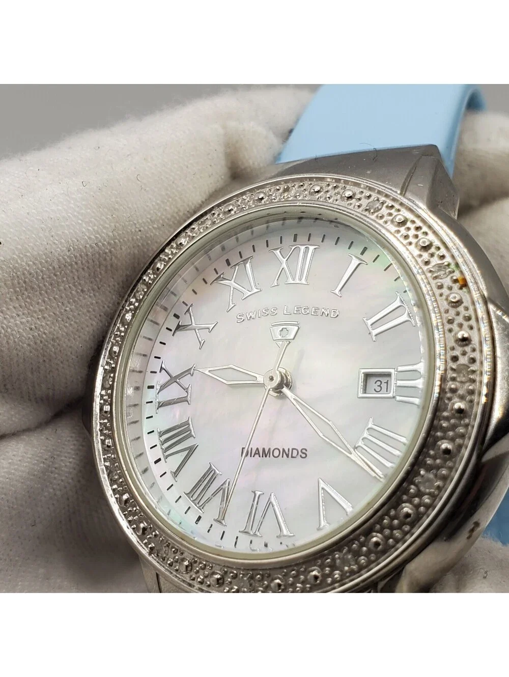 Swiss Legend South Beach Diamond Watch Women 36mm Silver Tone MOP New Battery